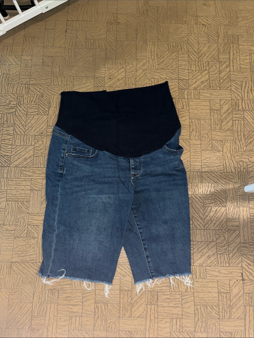 Thyme Maternity Dark Blue Denim & Black Belly Panel Maternity Shorts